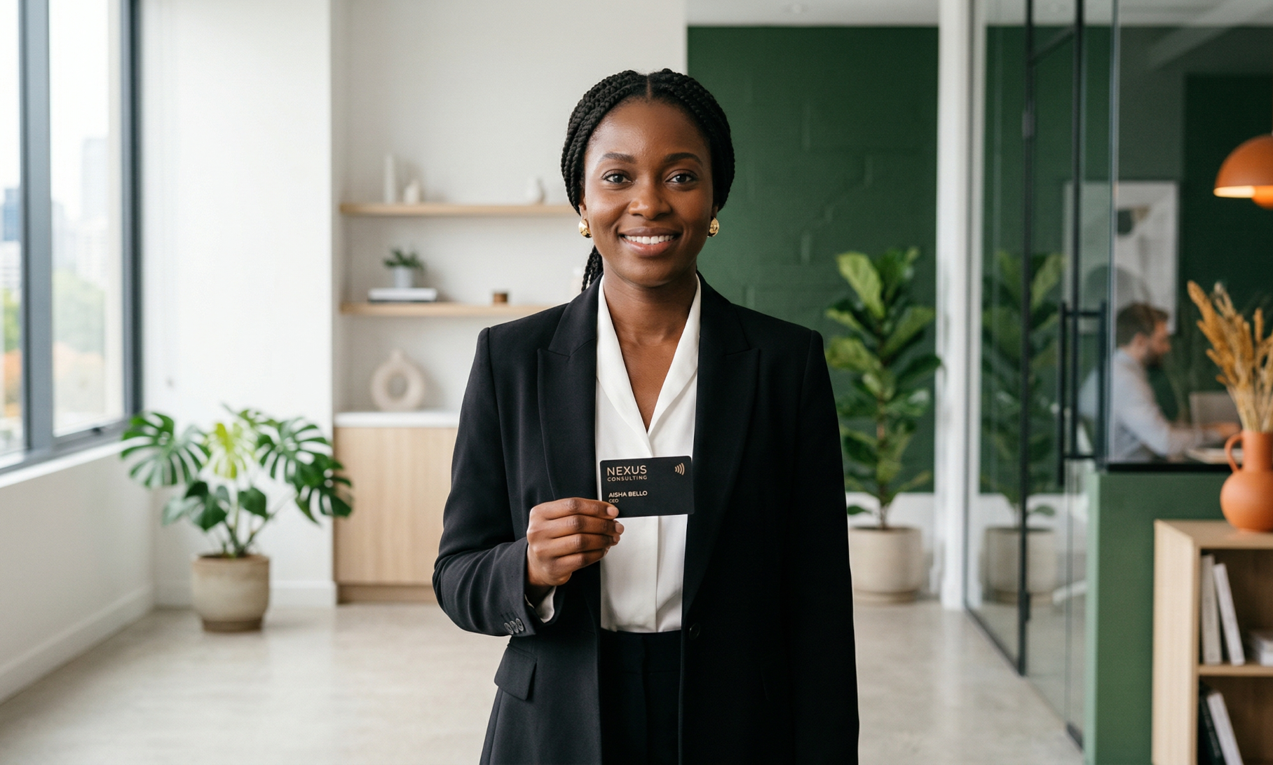 Naima Meite, Directrice Signal'Etik, presentant une carte NFC connectee Premium dans un bureau moderne