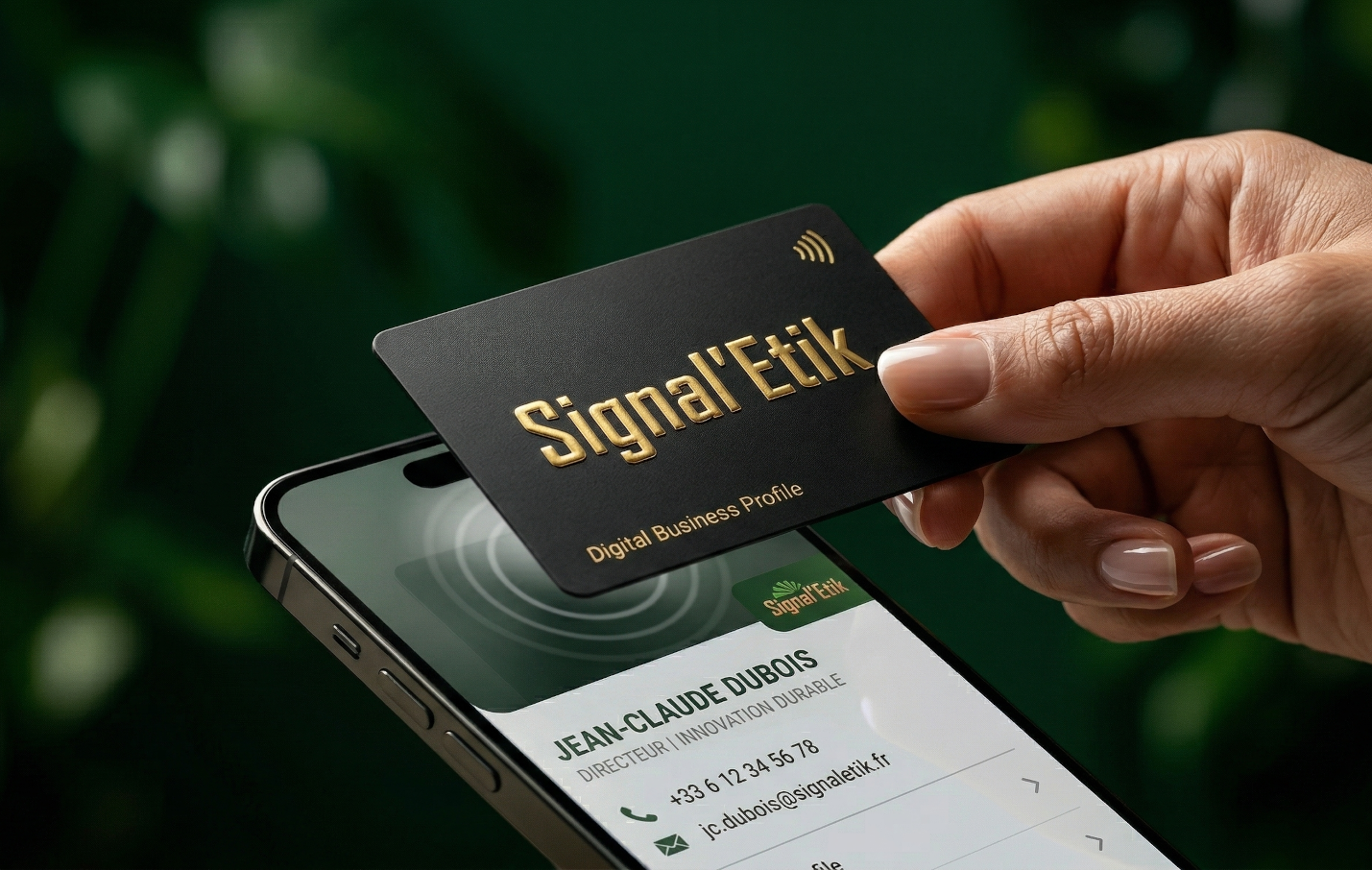 Carte NFC connectee Signal'Etik tenue pres d'un smartphone affichant un profil digital professionnel
